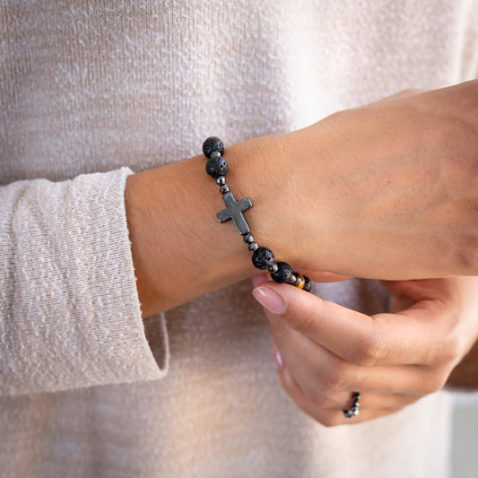 Bracelet croix Léo - Œil de tigre, Pierre de lave & Hématite