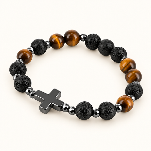 Bracelet croix Léo - Œil de tigre, Pierre de lave & Hématite