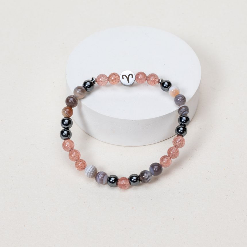 Bracelet Bélier - Quartz fraise, Hématite, Agate du Botswana